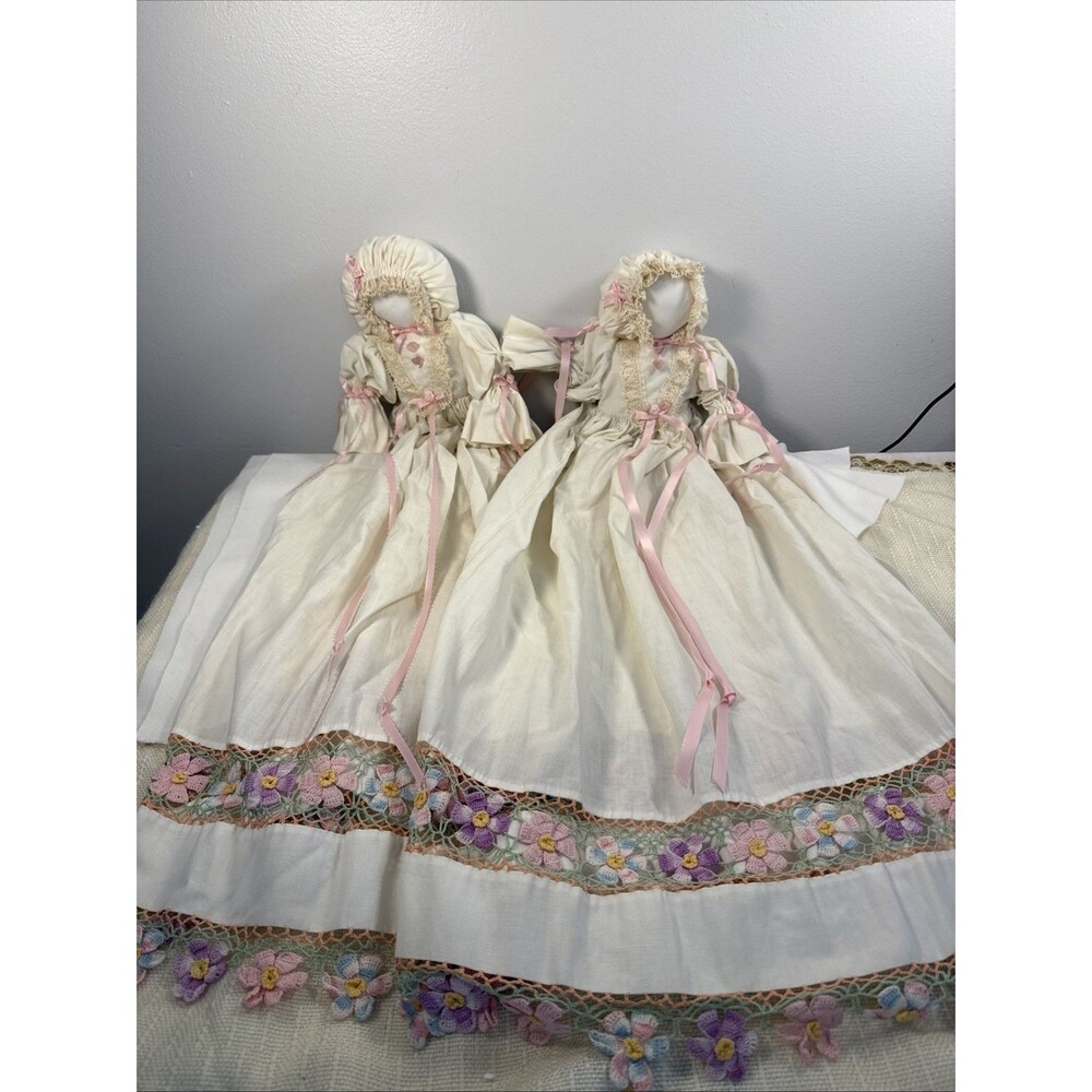Hand Embroidered White Pillowcase Doll with Handmade Crocheted Lace Vtg Set Of 2